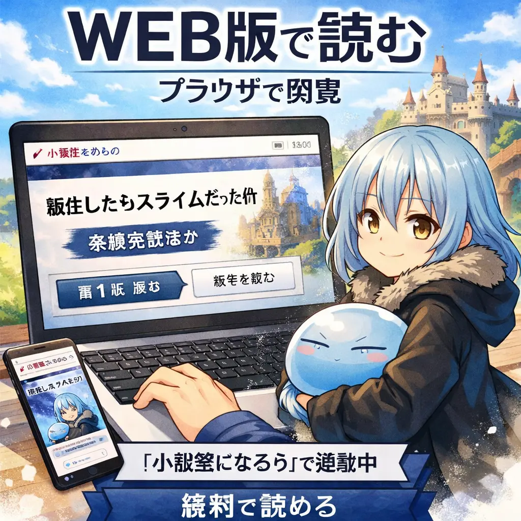 転スラのWEB版は小説家になろうで読めることを示すイメージ