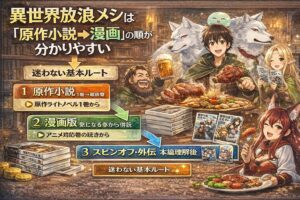 異世界の酒場風背景で料理と仲間たちを描き、「異世界放浪メシは原作小説→漫画の順が分かりやすい」と読む順番（原作→漫画→スピンオフ）を3ステップで示したアイキャッチ画像