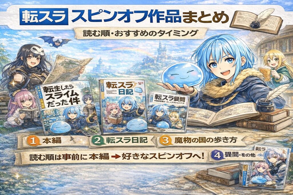 転スラのスピンオフ作品一覧と読む順番を分かりやすく解説したアイキャッチ画像